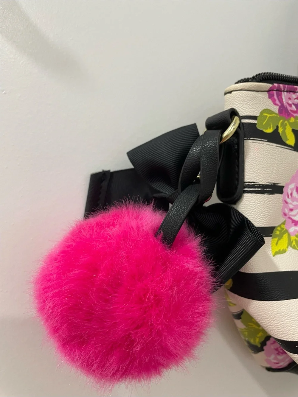 Betsey Johnson Striped Rose Floral Satchel Handbag w/Pom Pom (No Crossbody Strap